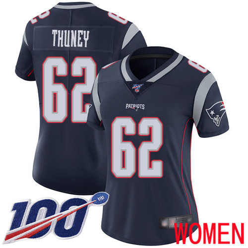 New England Patriots Football #62 100th Season Limited Navy Blue Women Joe Thuney Home NFL Jersey